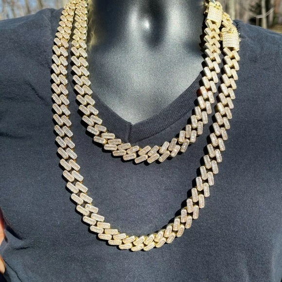 Men's Miami Cuban Link Chain Baguette Iced CZ 14k Gold Plated - Picture 3 of 5